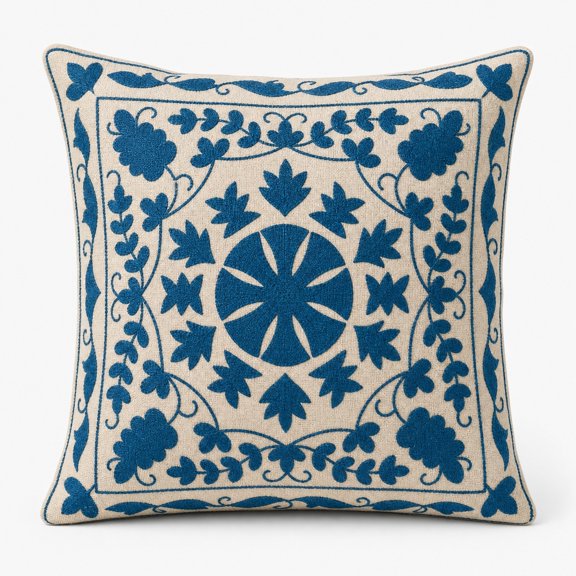 Blue Folk Floral Medallion Throw Pillow Cover, Double-Sided Print for Sofa Couch Bed, Cover Only – Insert Not Included