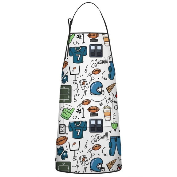 Blue Football Game Icons Pattern Apron-Garden Aprons for Women with Pockets-Cotton Linen Waterproof Kitchen Cooking Gardening Aprons Adjustable for Kitchen,Cooking,BBQ and Salon 33x27 Inch