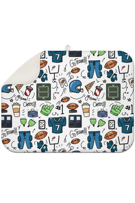 Blue Football Game Icons Pattern Dish Drying Mat for Kitchen 1 Pack, Ultra Absorbent Microfiber Dishes Drainer Mats,18"x24"