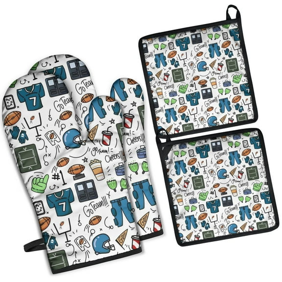 Blue Football Game Icons Pattern Kitchen Oven Mitt and Pot Holder Sets 2 Pcs for Baking, Cooking and Grilling, Heat Resistant Up To 392 °F