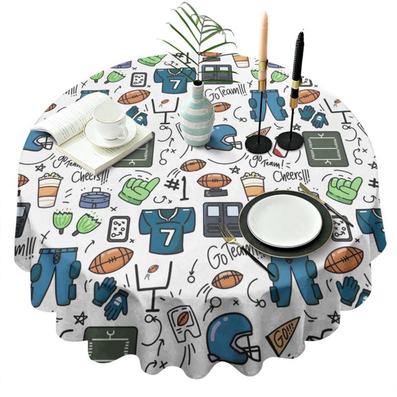 Blue Football Game Icons Pattern Round Tablecloth 60"x60",Wrinkle Wipeable Table Cloth for Kitchen Dining Room Picnic Patio Party
