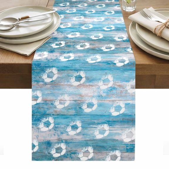 Blue Football Table Runner Soccer Vintage Wooden Watercolor Tablerunners 13 x 36 Inch, Table Decorations Tabletop Scarf for Summer Gathering Holiday Farmhouse Kitchen Dining Decor