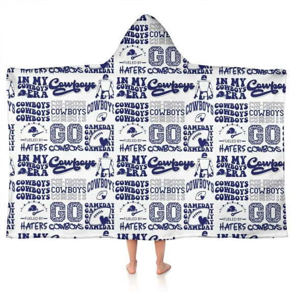 Blue Football Words Pattern Hooded Bath Towel,50"x30" for Ages 3 To 12 Kids, Quick Dry Lightweight Soft Microfiber Hood Beach Towel Cover Up for Kids