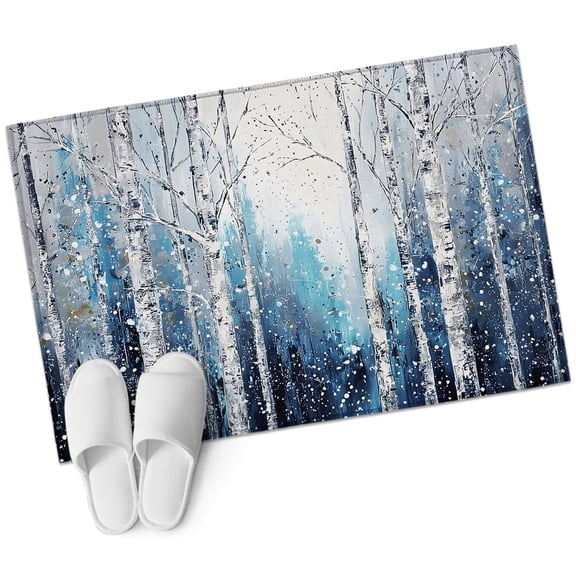 Blue Forest Bathroom Rug Washable 2x3 Entryway Rug Non Slip Winter Birch Trees Oil Painting Front Door Mat Low Pile Indoor Doormat Throw Floor Carpet for Kitchen Bedroom Entrance