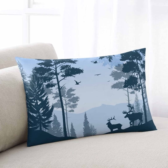 Blue Forest Deer Throw Pillow Cover,Tree Animal Silhouette Modern Aesthetic Rectangle Decorative Pillow Case Protector Soft Cushion Cover Lumbar Pillowcase for Couch Sofa Bedroom Car Decor 20x30 Inch