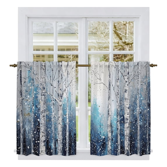 Blue Forest Kitchen Curtains 54 Inch Length, Winter Birch Trees Oil Painting Tiers Curtains for Bathroom Bedroom Cafe, Light Filtering Small Window Treatment Short Tiered Drapes 2 Panels 42"Wx54"L