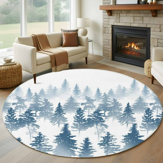 Blue Forest Large Round Rug 8 FT, Non Slip Living Room Area Carpet, Contemporary Silhouette Abstract Art Washable Soft Circle Rug Non-Shedding Floor Carpet for Bedroom Office Dining Room