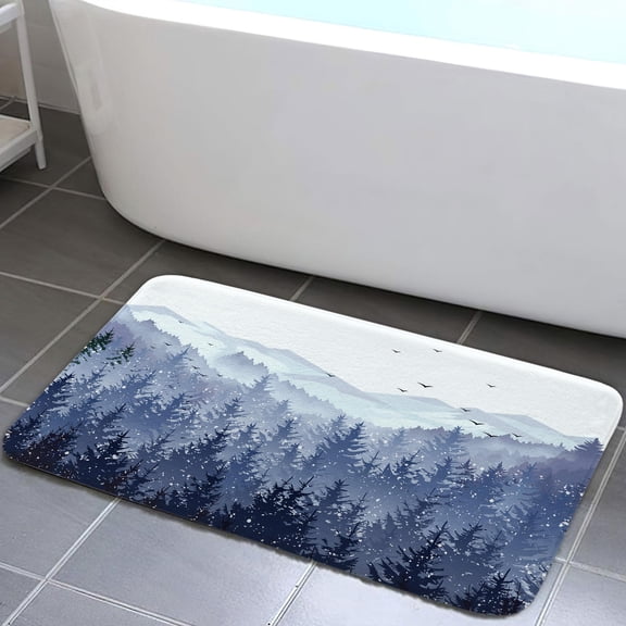 Blue Forest Mountain Bathroom Rug, Blue Misty Forest Tree Non Slip Soft Bath Mat, Nature Scenery Landscape Bath Rugs for Bathroom Living Room Bedroom Kitchen Indoor for Home Decor 17X29IN
