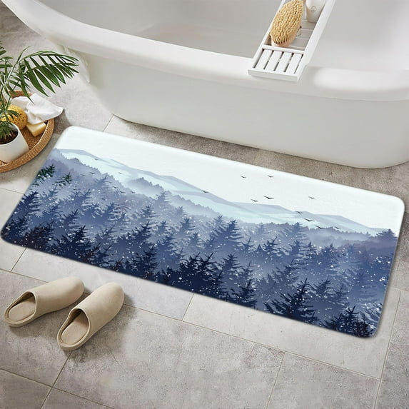 Blue Forest Mountain Bathroom Rug, Blue Misty Forest Tree Non Slip Soft Bath Mat, Nature Scenery Landscape Bath Rugs for Bathroom Living Room Bedroom Kitchen Indoor for Home Decor,17X48IN