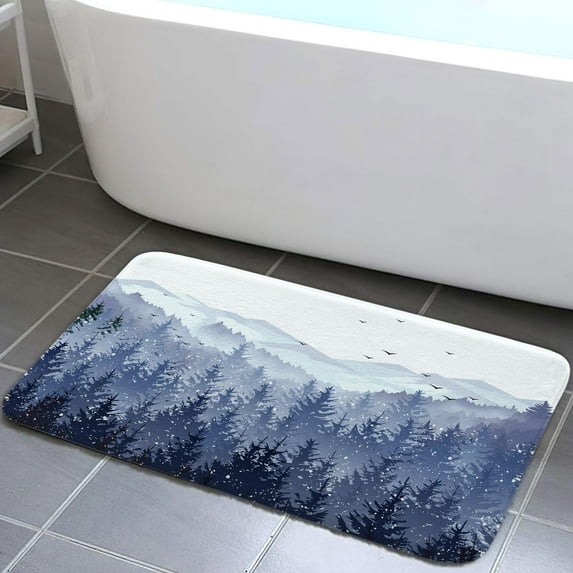 Blue Forest Mountain Bathroom Rug, Blue Misty Forest Tree Non Slip Soft Bath Mat, Nature Scenery Landscape Bath Rugs for Bathroom Living Room Bedroom Kitchen Indoor for Home Decor,19X31IN