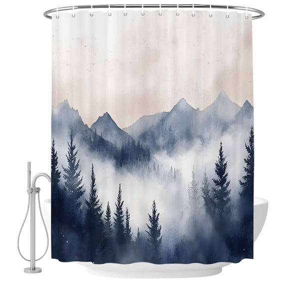 Blue Forest Mountain Fabric Shower Curtain Watercolor Landscape Washable Shower Curtains for Bathroom, Waterproof Bath Curtain with Hooks Home Decor 72x72in