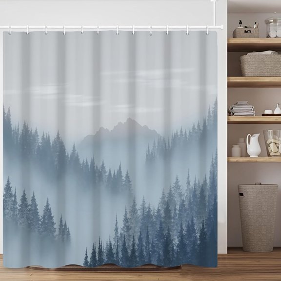 Blue Forest Mountain Shower Curtain, Misty Pine Forest Fabric Shower Curtain for Bathroom, Foggy Nature Mountains Bathroom Shower Curtain Set with Hooks, 72x84 inches