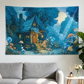 Blue Forest Mushroom Cottage Moonlit Night Wall tapestry, Large size Printed Horizontal Tapestry blanket, Polyester Fabric Wall Hanging for bedroom, living room, No Installation Required, Indoor, Out