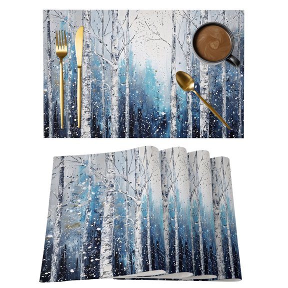 Blue Forest Placemats Set of 8 Winter Birch Trees Oil Painting Place Mats Indoor Wipeable Table Mats Washable Cloth Dining Table Placemats for Kitchen Holiday Party Home Decor 13x19 Inch