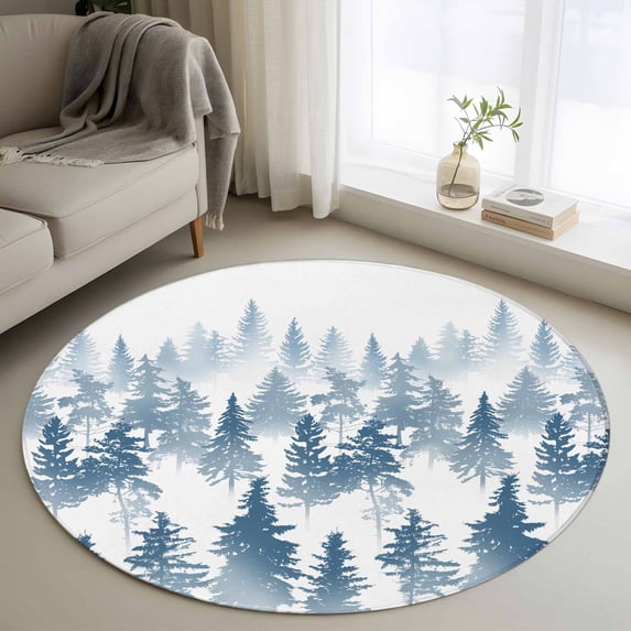 Blue Forest Round Area Rug 3.3 FT, Non Slip Small Entryway Kitchen Mat, Contemporary Silhouette Abstract Art Washable Soft Circular Rug Non-Shedding Door Mat for Bathroom Playroom Kids Room