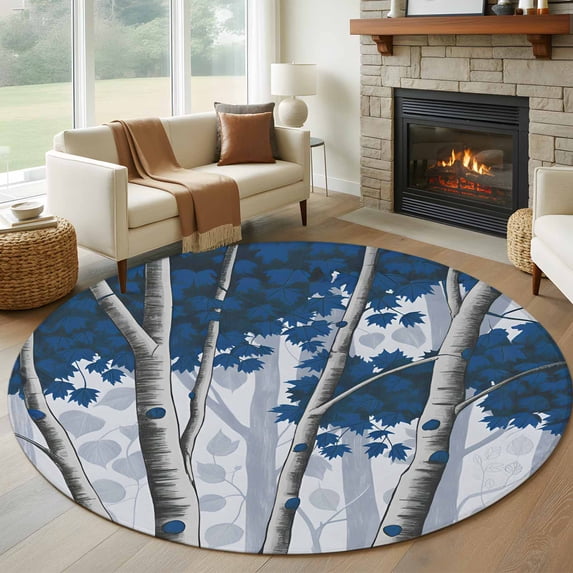 Blue Forest Round Rug 7ft Washable Circle Rugs Non Slip Vintage Fall ...