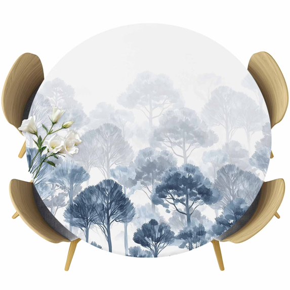 Blue Forest Round Tablecloth 36-44 Inch Round Fitted Table Cloth with Elastic Edge, Farmhouse Botanical Tree Scenery Watercolor Waterproof Table Cover Protector for Outdoor Picnic Party Dining
