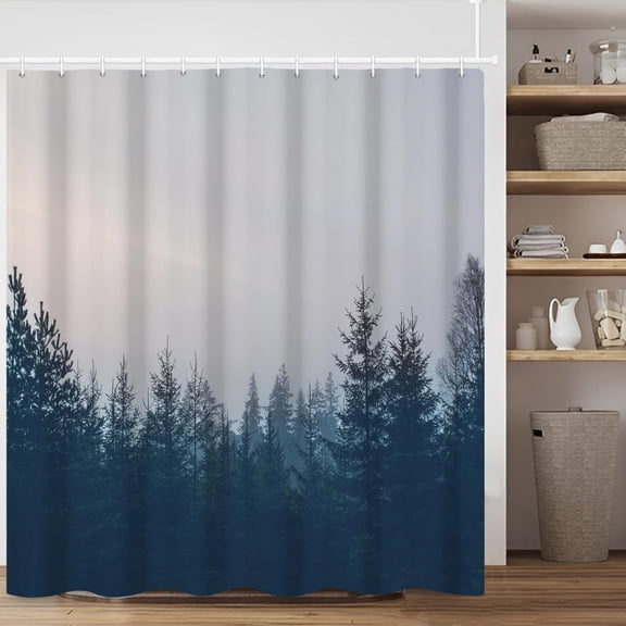 Blue Forest Shower Curtain, Blue Pine Trees Fabric Shower Curtain for Bathroom, Nature Dark Woodland Mountain Bathroom Shower Curtain Set with Hooks, 72x72 inches