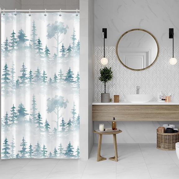 Blue Forest Shower Curtain Botanical Trees Plants Leaves Aesthetic Decorative Shower Curtains for Home Bathtubs Bathroom Decor Polyester Waterproof Fabric with Hooks 36x72 Inches