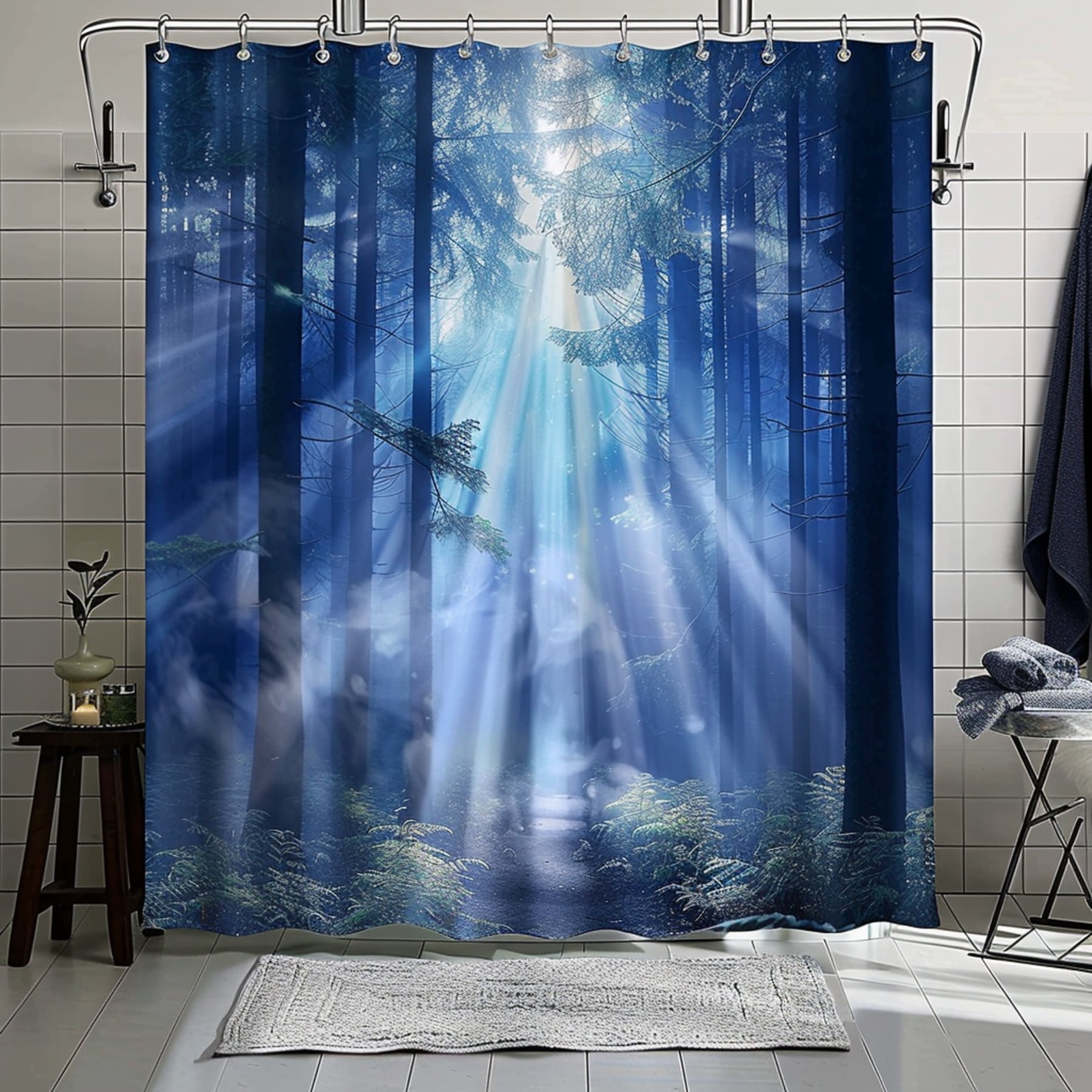 Blue Forest Shower Curtain with Light Rays in Fog Unique Bathroom
