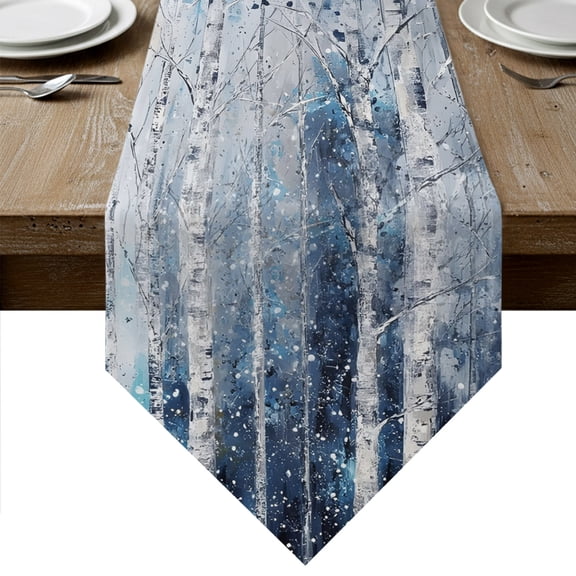 Blue Forest Table Runner Linen Burlap Table Runner 36 Inches Small Winter Birch Trees Oil Painting Dresser Scarves for Kitchen Island Coffee Dining Room Party Wedding Banquet Holiday Decor 13"x36"