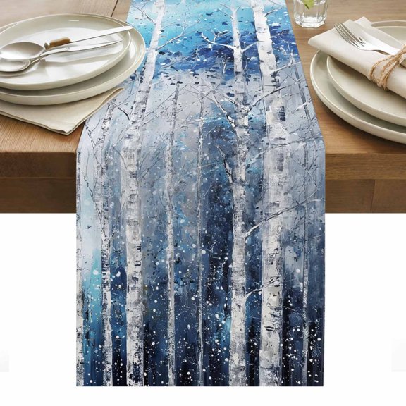 Blue Forest Table Runner Winter Birch Trees Oil Painting Tablerunners 13 x 36 Inch, Table Decorations Tabletop Scarf for Summer Gathering Holiday Farmhouse Kitchen Dining Decor
