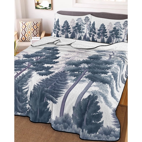 Blue Forests Tree King Size Down Alternative Comforter, Lightweight Comforter Quilt Bedding Set with Pillow Shams Pine Maple Trees Nature Pure Color All Seasons Bed Comforter Duvet Insert 96"x106"
