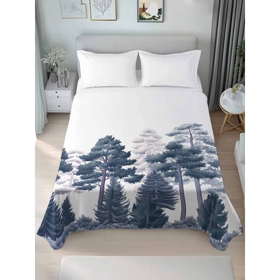 Blue Forests Tree Queen Size Flat Sheet, Wrinkleproof & Fadeproof Cooling Flat Bed Sheet Only, Pine Maple Trees Nature Pure Color Breathable Soft Bedding Top Sheets 90 x 102 Inches