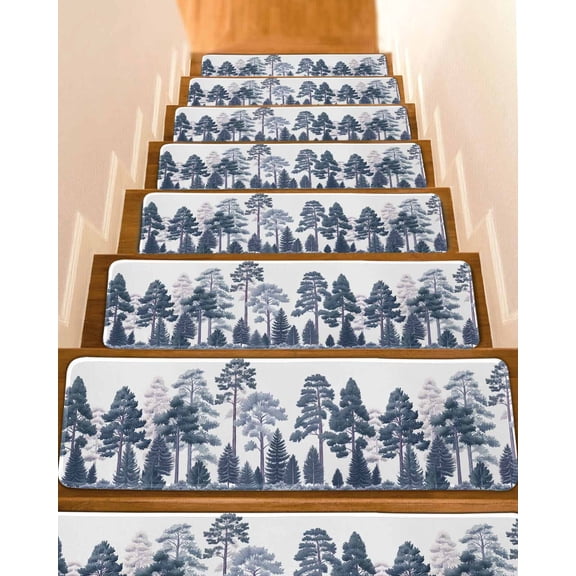 Blue Forests Tree Stair Treads for Wooden Steps Indoor Runner Rug Carpet, Pine Maple Trees Nature Pure Color 4 Pieces Peel and Stick Staircase Step Treads Covers Washable Throw Door Mats, 30"x8"