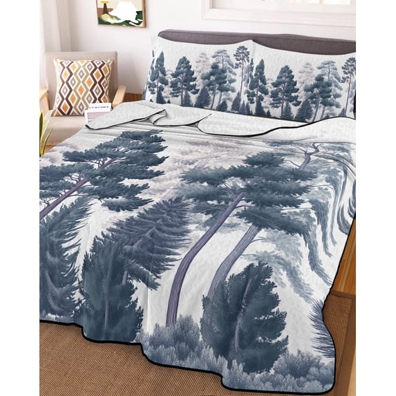 Blue Forests Tree Twin XL Size Down Alternative Comforter, Lightweight Comforter Quilt Bedding Set with Pillow Shams Pine Maple Trees Nature Pure Color All Seasons Bed Comforter Duvet Insert 68"x98"