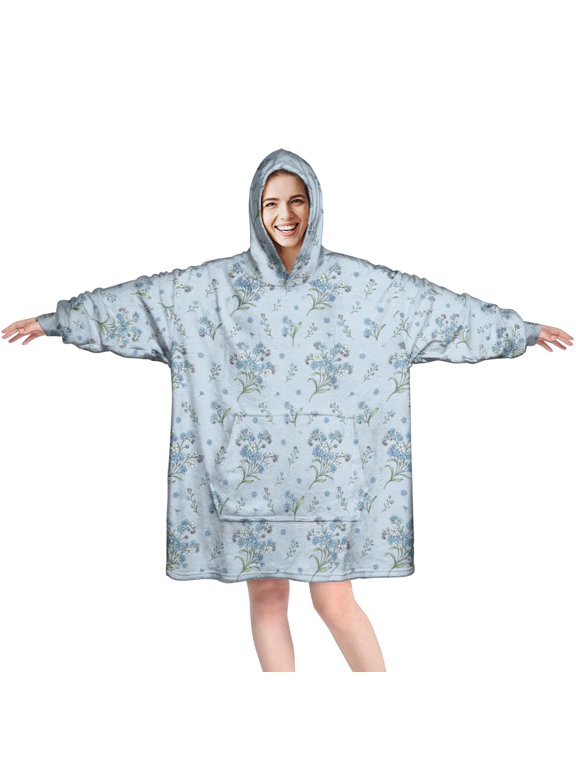 Blue Forget Me Not Wearable Blanket Hoodie, Flannel Oversized Sweatshirt Blanket with Sleeves & with Sleeves & Pockets, Comfort Gifts Ideas for Reading Watching TV and Relaxi