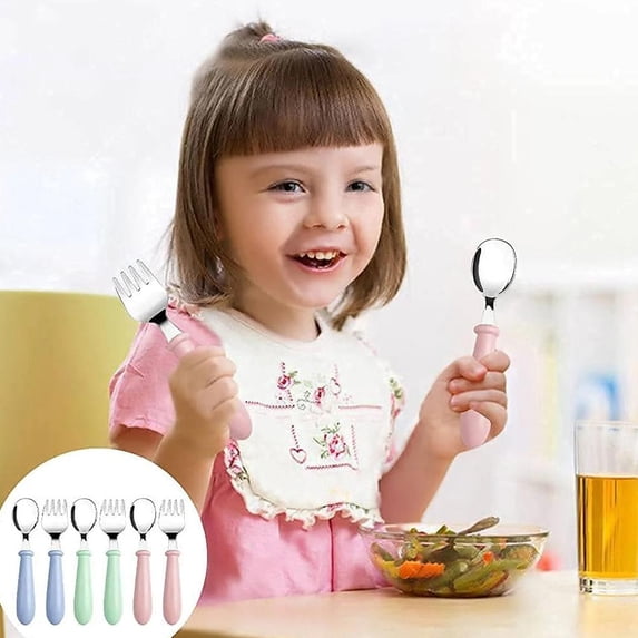 Blue Fork 304 Stainless Steel Children'S Spoon Fork Baby Tableware Mother And Baby Gift Round Handle Spoon Fork