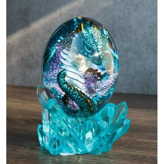 Blue Fossil Dragon Hatchling Sleeping in Faux Crystal Acrylic Glass Egg Figurine