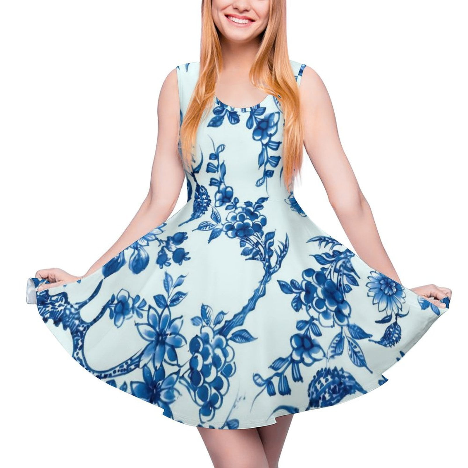 Blue Fower Dress Rose Print Elegant Dresses High Waist Streetwear Blue Fower Dress Rose Print Elegant Dresses High Waist Streetwear