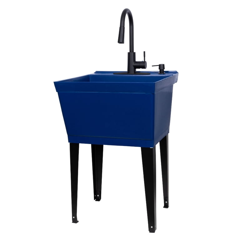 Blue Freestanding Floor Mount Utility Sink with Black High-Arc