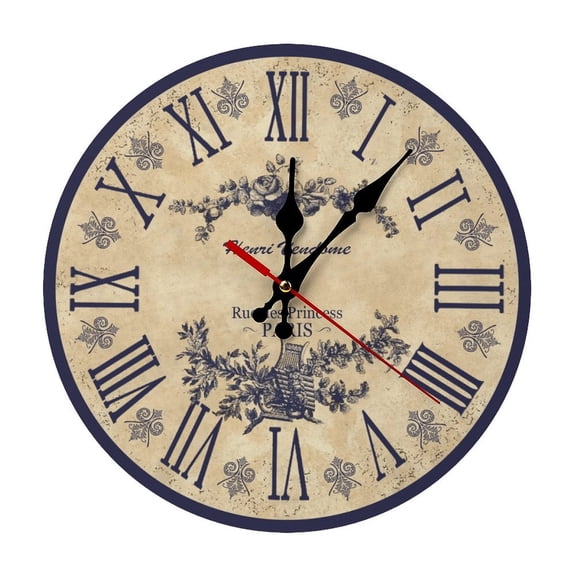 Blue French 5mm Thick Solid Wood Wall Clock, Quiet Quartz Movement Easy Install Hanging Clock