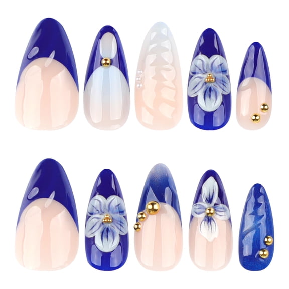 Blue French Tip Floral Metal Bead Press on Nails Stiletto Fake Nails Full Cover Adhesive Press Ons Glossy Acrylic False Nails Nail Tips DIY Manicure for Women Girls Home Manicure 24 Pcs