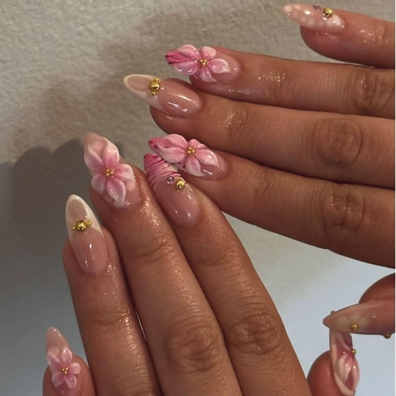 Blue French Tip Press on Nails Long Almond Fake Nails with Designs Navy Blue Nails Press ons Gel Artificial Acrylic Nail Summer Full Cover Stick on Nails for Women 24Pcs