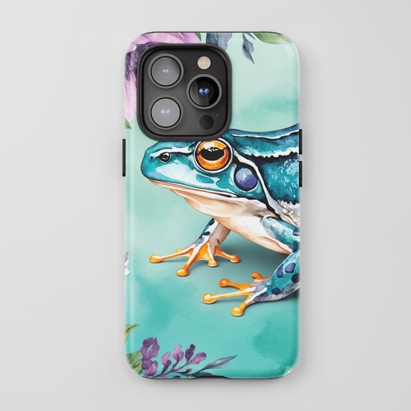 Blue Frog For All iPhone Series Tough Phone Case Watercolor Nature Aqua Blue Purple