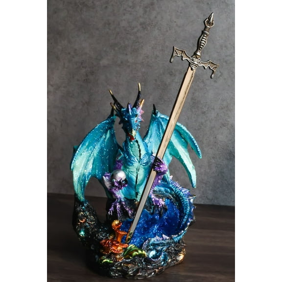 Blue Frozen Arctic Dragon Holding Pearl and Gothic Sword Letter Opener Figurine