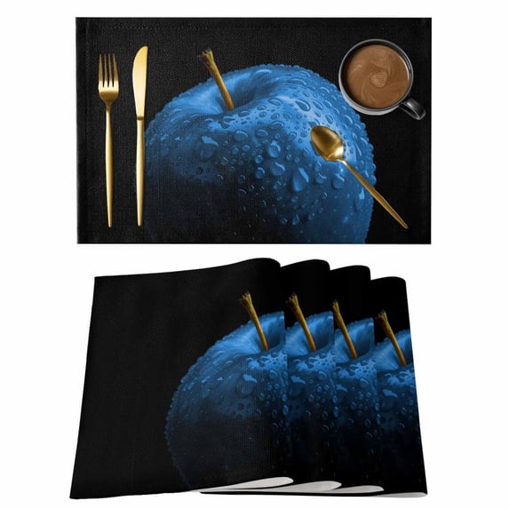 Blue Fruit Placemats Set of 6, Modern Minimalist Decor Black Background Placemats for Dining Table, Place Mats for Kitchen Tabletop, Waterproof Wipeable Dining Table Mats Set