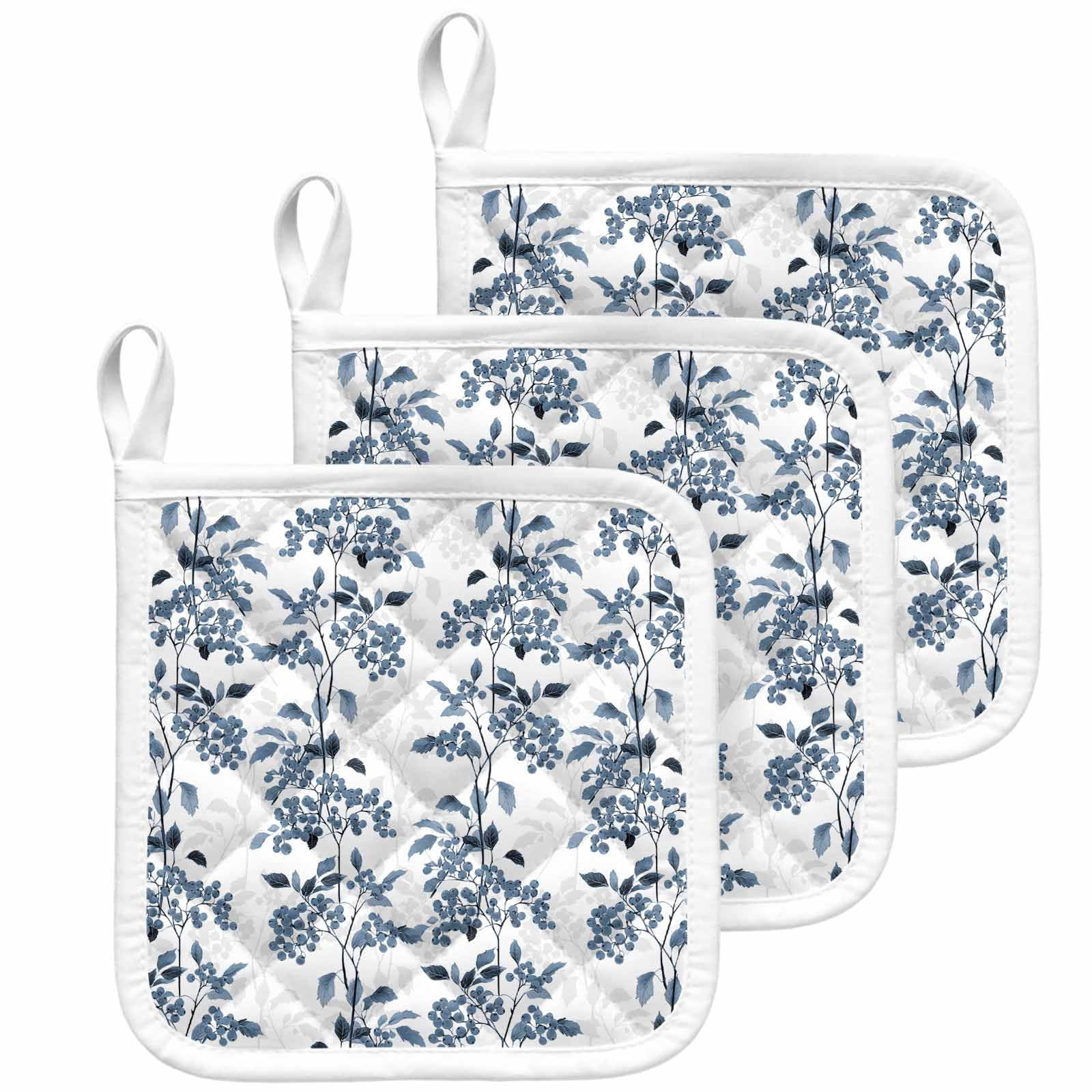 Blue Fruit Pot Holders for Kitchen Heatproof Potholder, 3 Pack Vintage Plant Nature Botanical Flower Floral Hot Pads Multipurpose Oven Pads Cloth Potholders Trivet for Cooking Baking