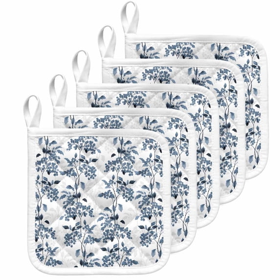 Blue Fruit Pot Holders for Kitchen Heatproof Potholder, 5 Pack Vintage Plant Nature Botanical Flower Floral Hot Pads Multipurpose Oven Pads Cloth Potholders Trivet for Cooking Baking