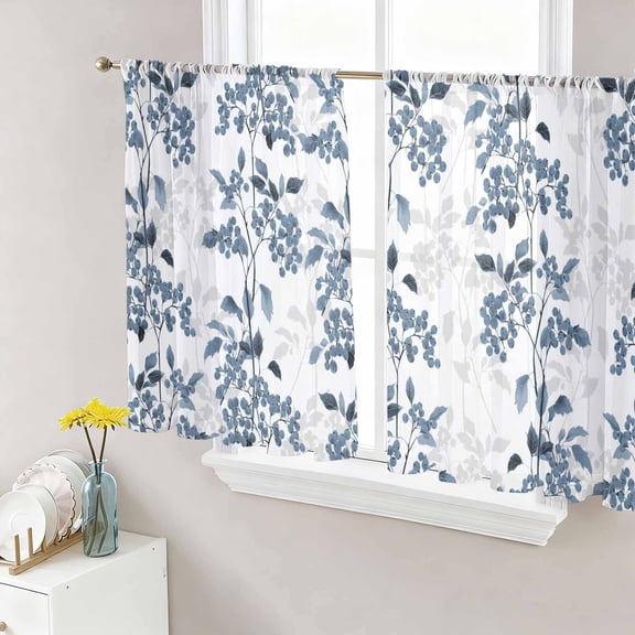 Blue Fruit Semi Sheer Window Curtains 54 Inches Long, Vintage Plant Nature Botanical Flower Floral Rod Pocket Voile Silky Chiffon Curtain Light Filtering Drapes for Living Room, 52"x54", 2 Panels