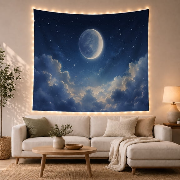 Blue Full Moon Above Glowing Clouds and Stars, Calming Celestial Art for Space Lovers, Night Sky Decor, Housewarming Gift, Tapestry Wall Hanging for Bedroom and Living Room