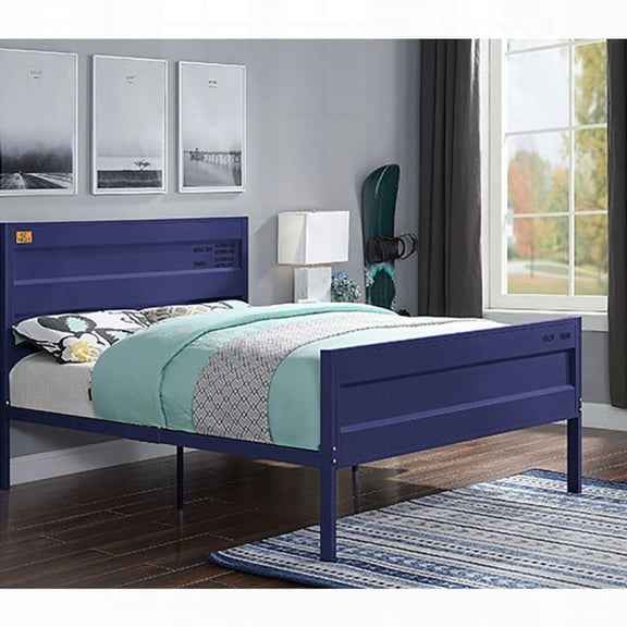 Blue Full Platform Bed with Industrial Aesthetic Design and Rectangular Headboard