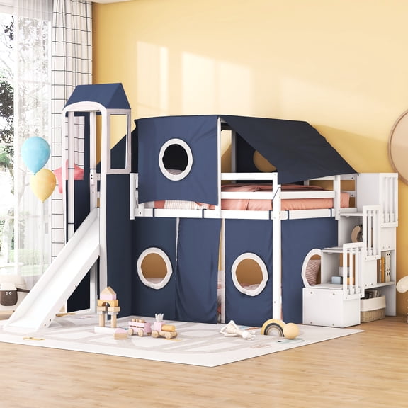 Blue Full Size Loft Bed With Tent And Tower, Solid Wood Build For Durability, Play Area Inspired Decor, Extra Under Space, Mattress Not Included Spacious Storage Area,