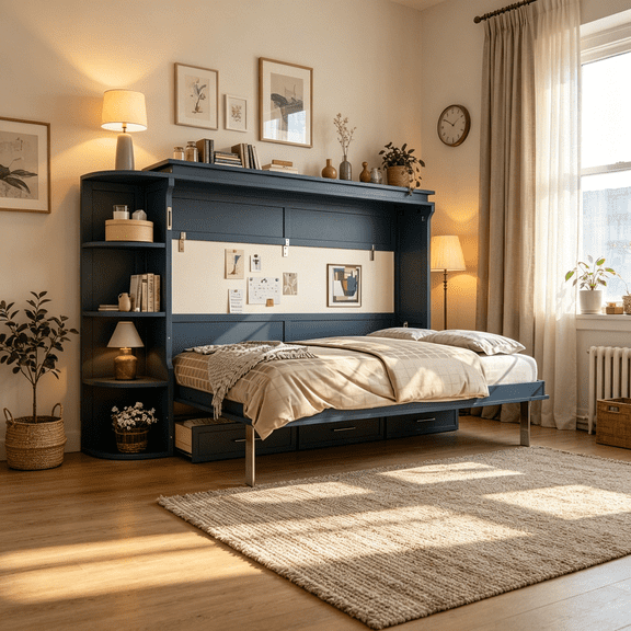 Blue Full Size Murphy Bed Wall Bed with Storage, Side Cabinets & 3 Drawers, Space Saving Platform Bed for Guest Room, Home Office