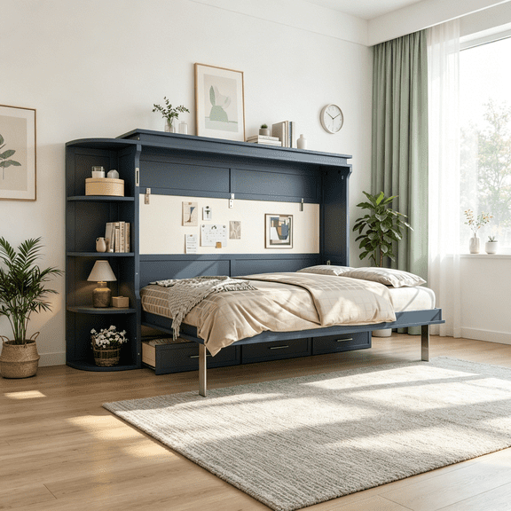 Blue Full Size Murphy Wall Bed with Storage Cabinets and Drawers, Space Saving Platform Bed for Home Office, Guest Room or Studio Apartment
