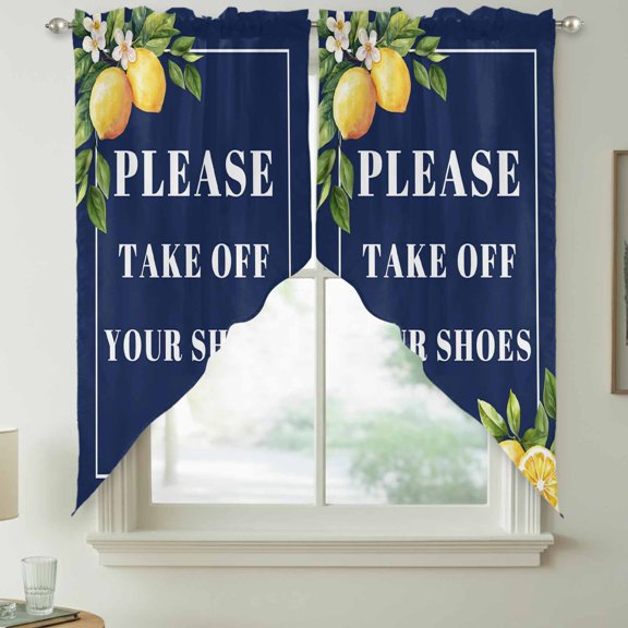Blue Funny Quotes Swag Valances for Windows, Please Take off Your Shoes Rod Pocket Short Curtains, Machine Washable Kitchen Window Topper for Bathroom Living Room, 28 x 36 Inch, 1 Pair